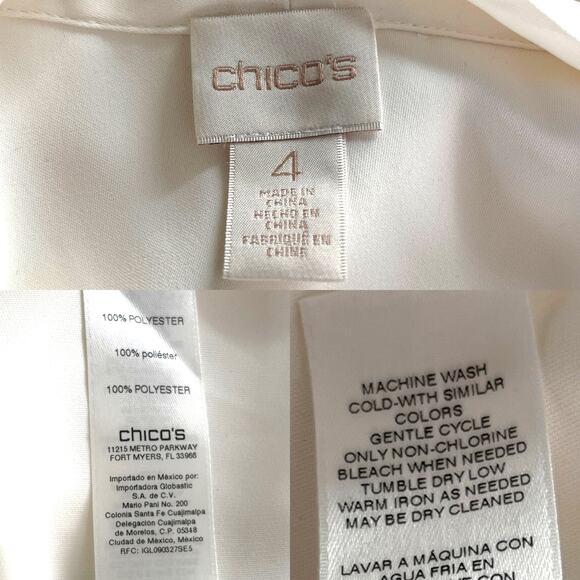 Chico's Blouse Off White 4 XXL 20/22 Button Up Tie Long Sleeves - Picture 7 of 13
